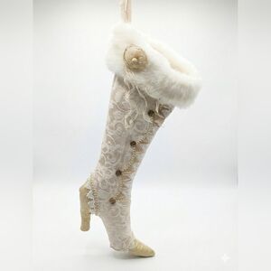 Luxury Ivory Gold Brocade High Heel Boot Christmas Stocking Faux Fur